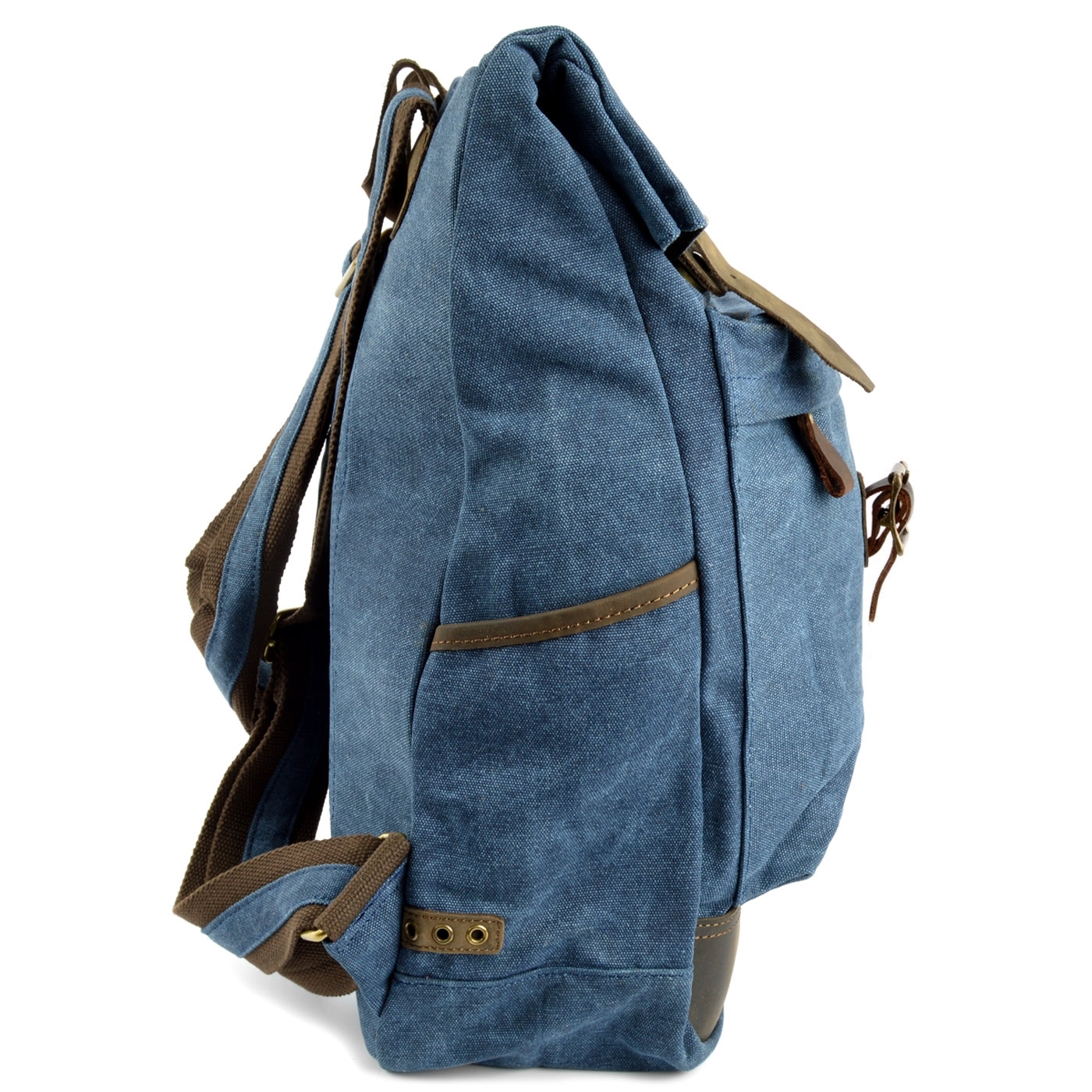 Rugged Vintage-Style Blue Canvas & Leather Backpack - 4