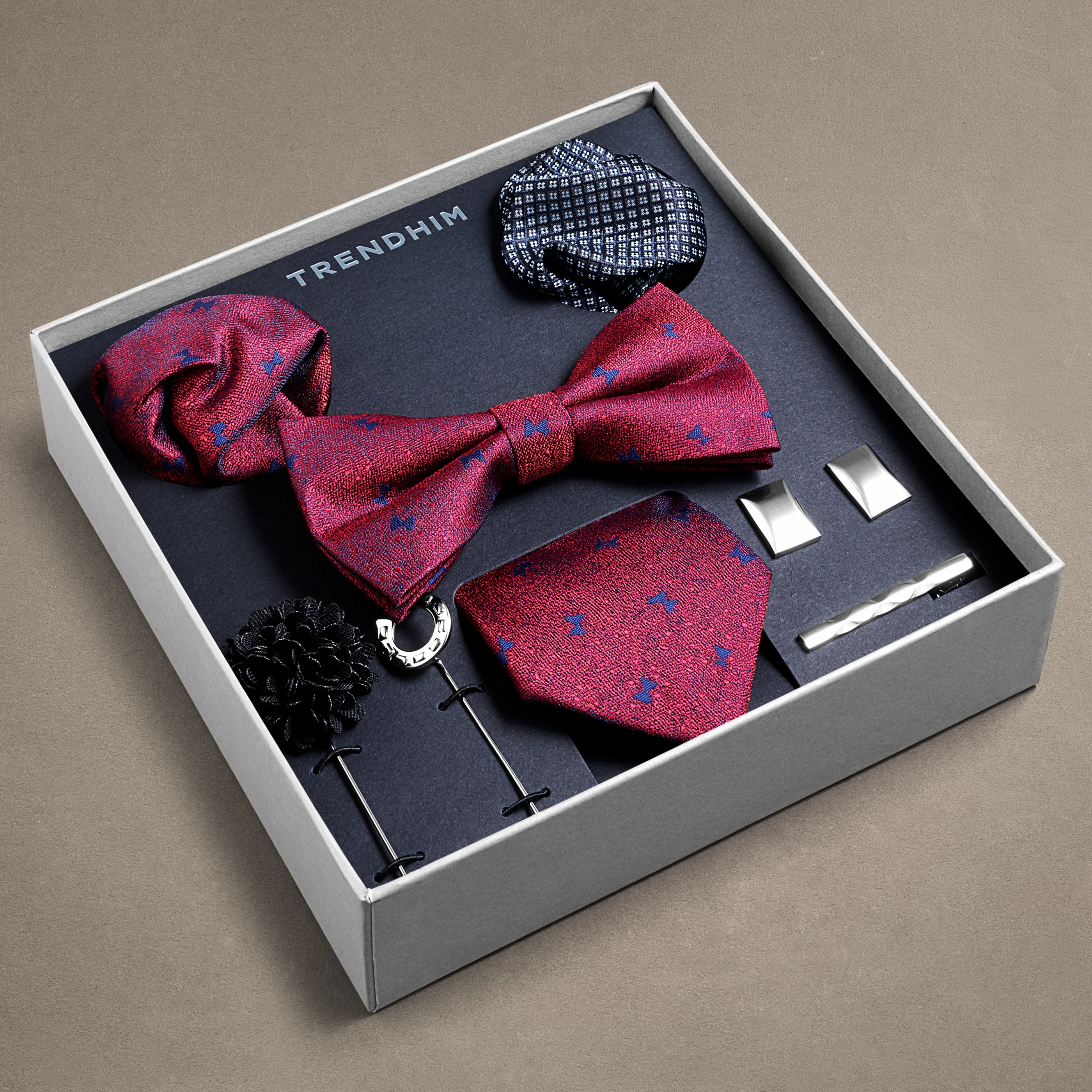Suit Accessory Gift Box | Crimson & Royal Blue Bow Motif Set - 3