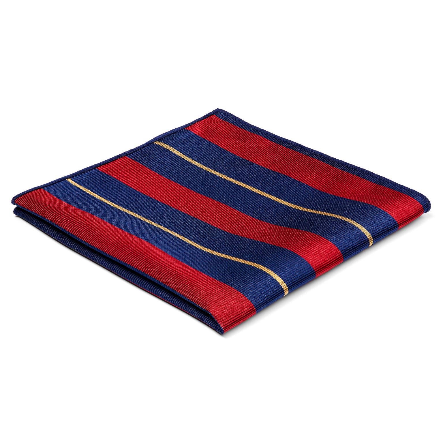 Pañuelo de bolsillo de seda azul marino con rayas rojas y doradas Pañuelo de bolsillo de seda azul marino con rayas rojas y doradas