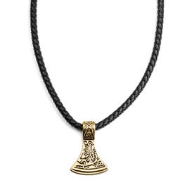 Gold-Tone Norse Axe Black Leather Necklace