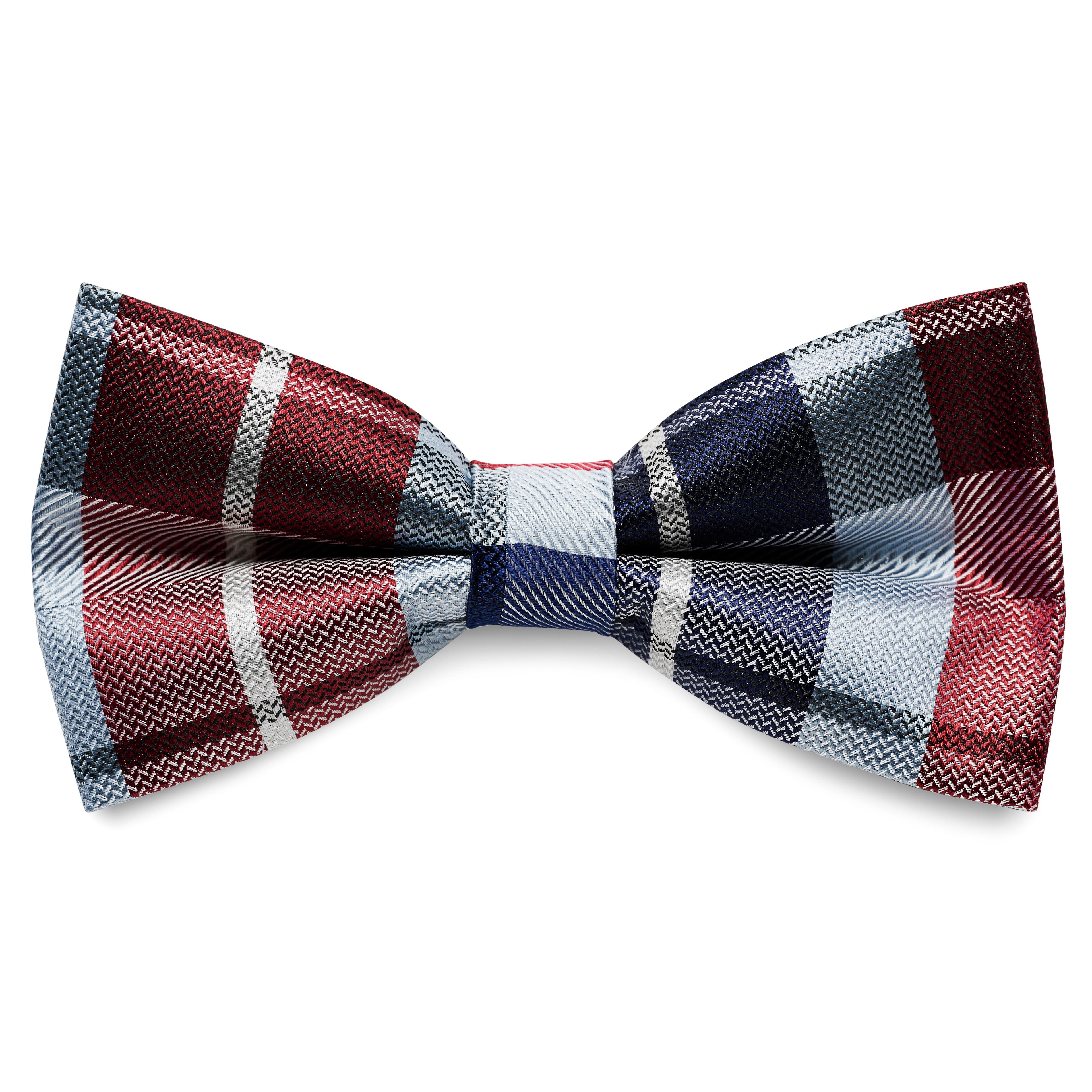 BLUE & BORDEAUX CHEQUERED Pattern Silk Pre-Tied Bow tie BLUE & BORDEAUX CHEQUERED Pattern Silk Pre-Tied Bow tie