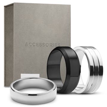 Scatola regalo Essential con anelli in acciaio chirurgico color argento e nero