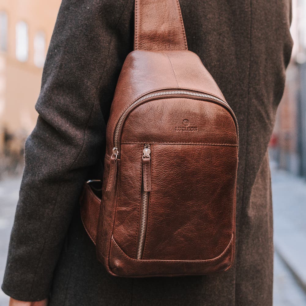 hover: California Mini Brown Leather Sling Bag hover: California Mini Brown Leather Sling Bag