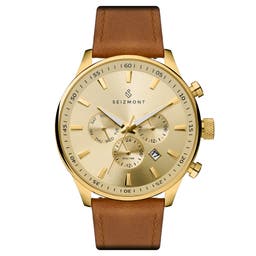 Troika II | Gold-Tone Dual-Time Watch With Gold-Tone Dial & Brown Leather Strap