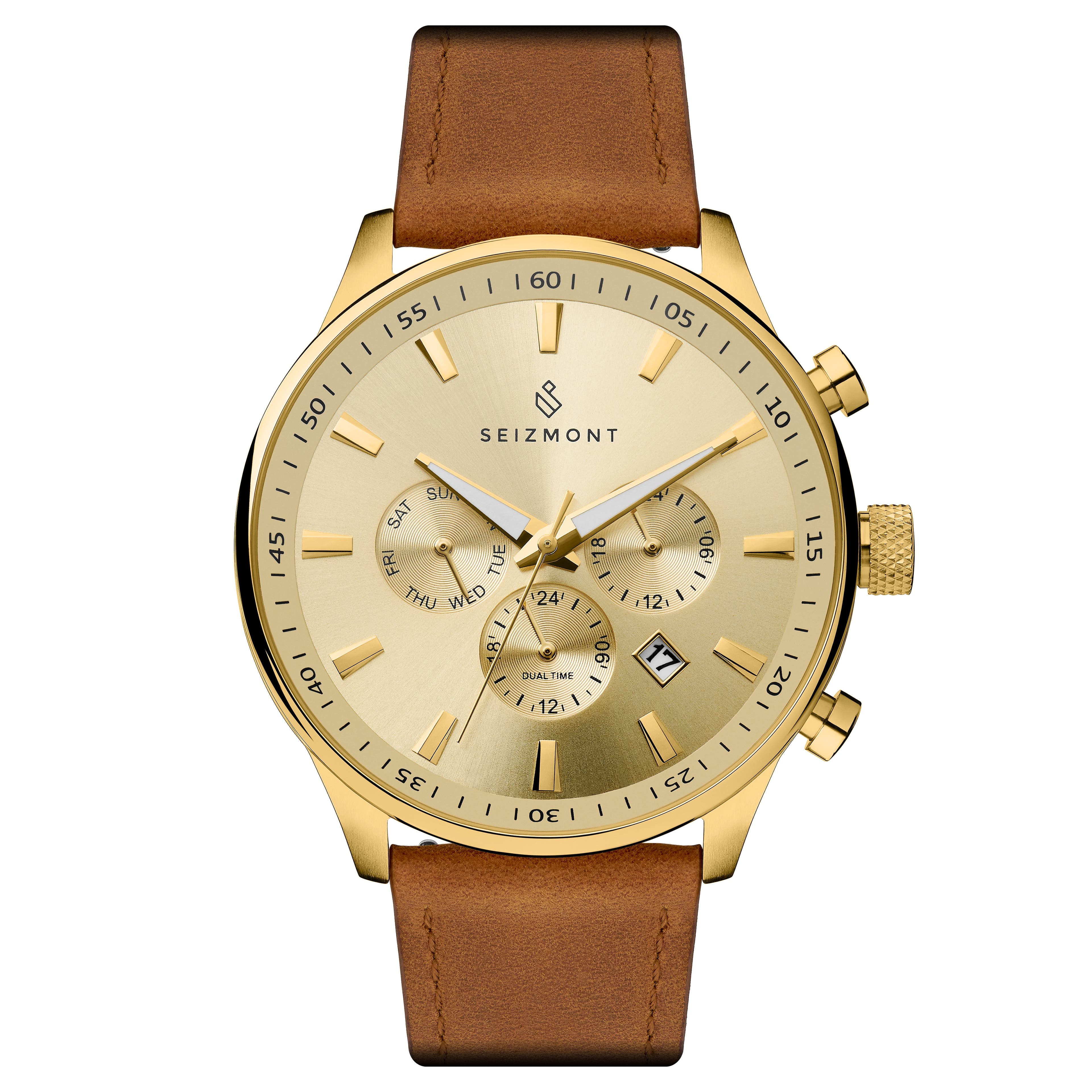 Troika II | Gold-Tone Dual-Time Watch With Gold-Tone Dial & Brown Leather Strap