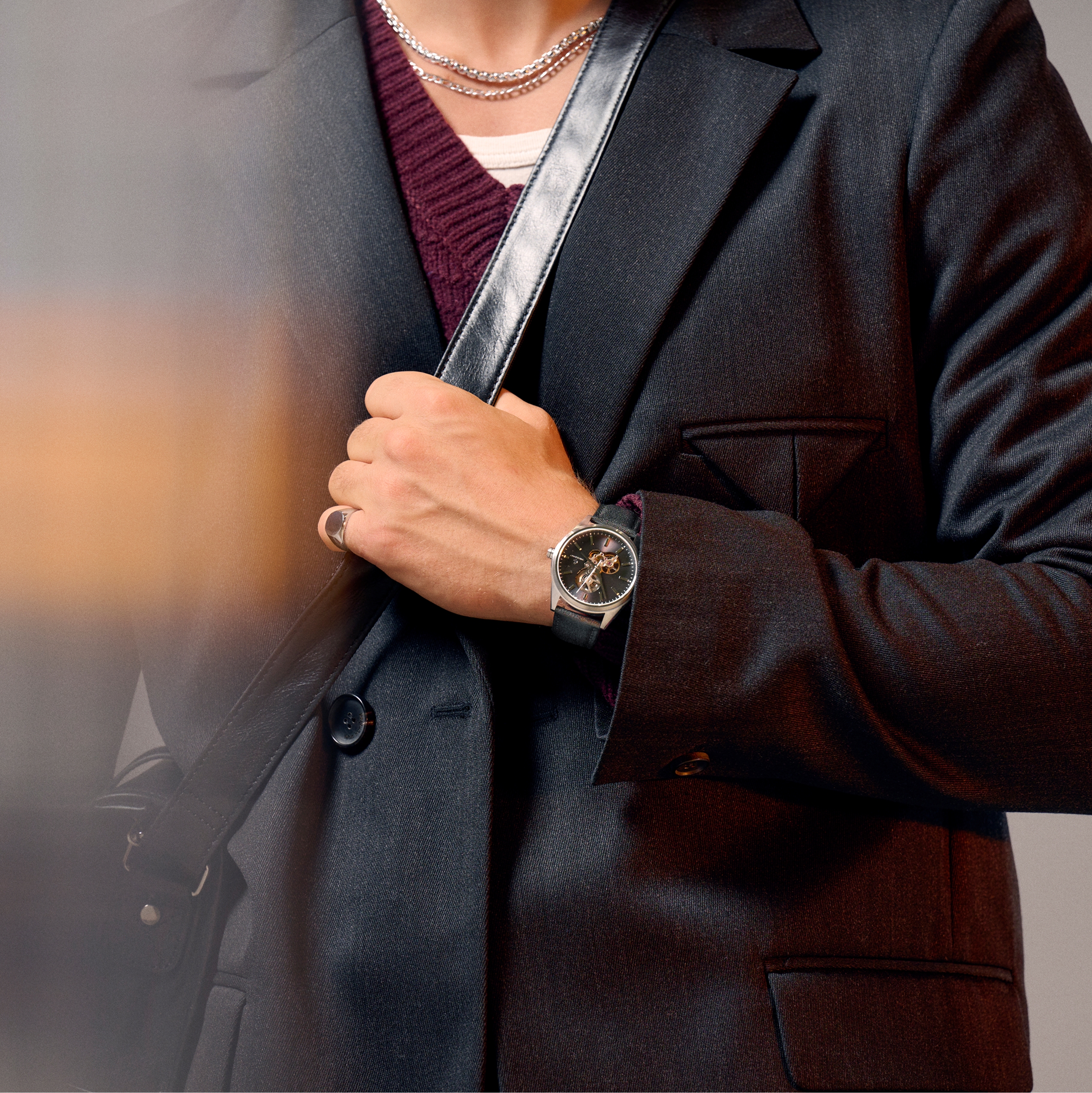 Cor | Silver-Tone Stainless Steel Skeleton Watch With Black Dial - 6