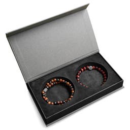 Coffret-cadeau Premium de bracelets pour homme | Œil de tigre rouge et bois