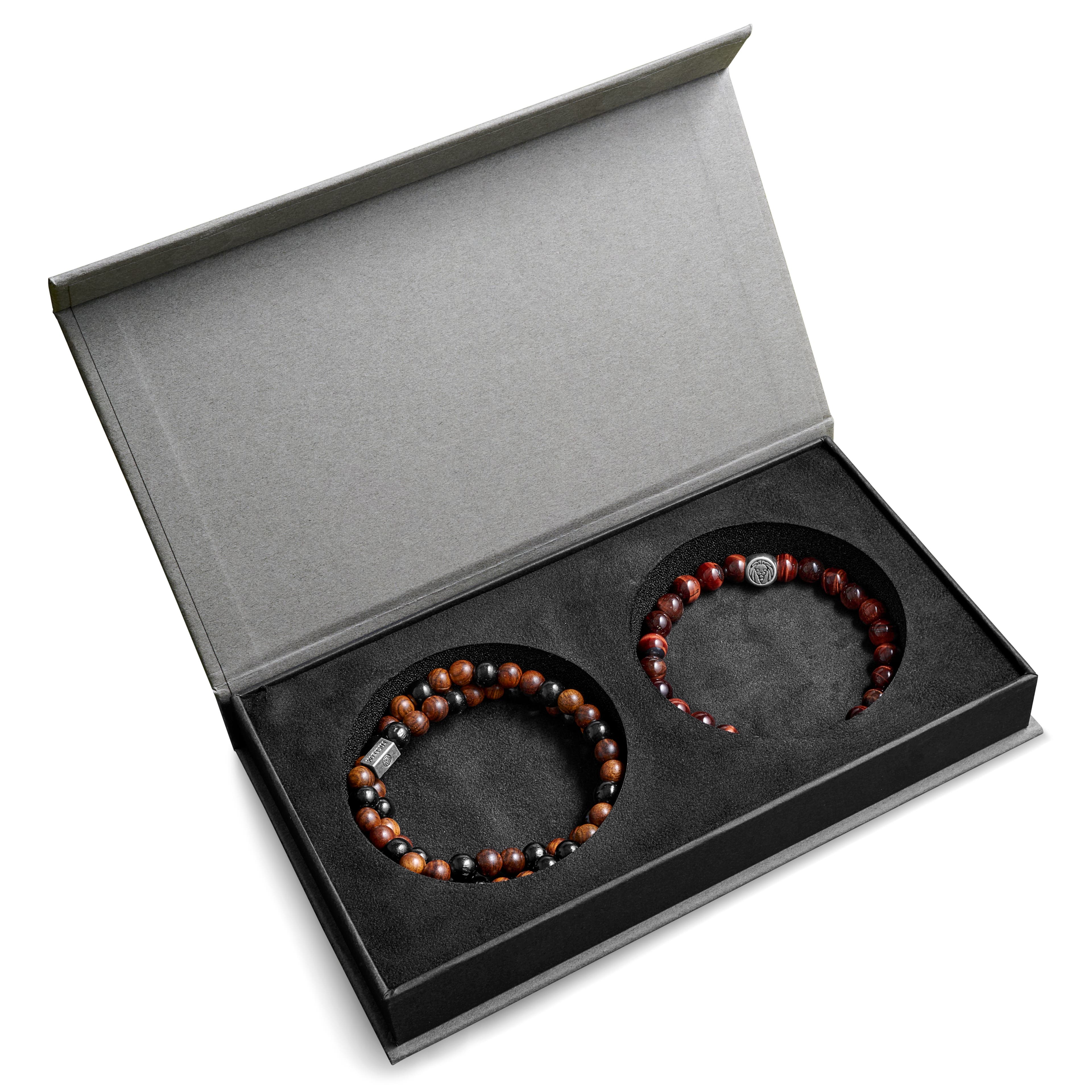 Cofanetto regalo per braccialetto da uomo Premium | Occhio di tigre rosso e legno