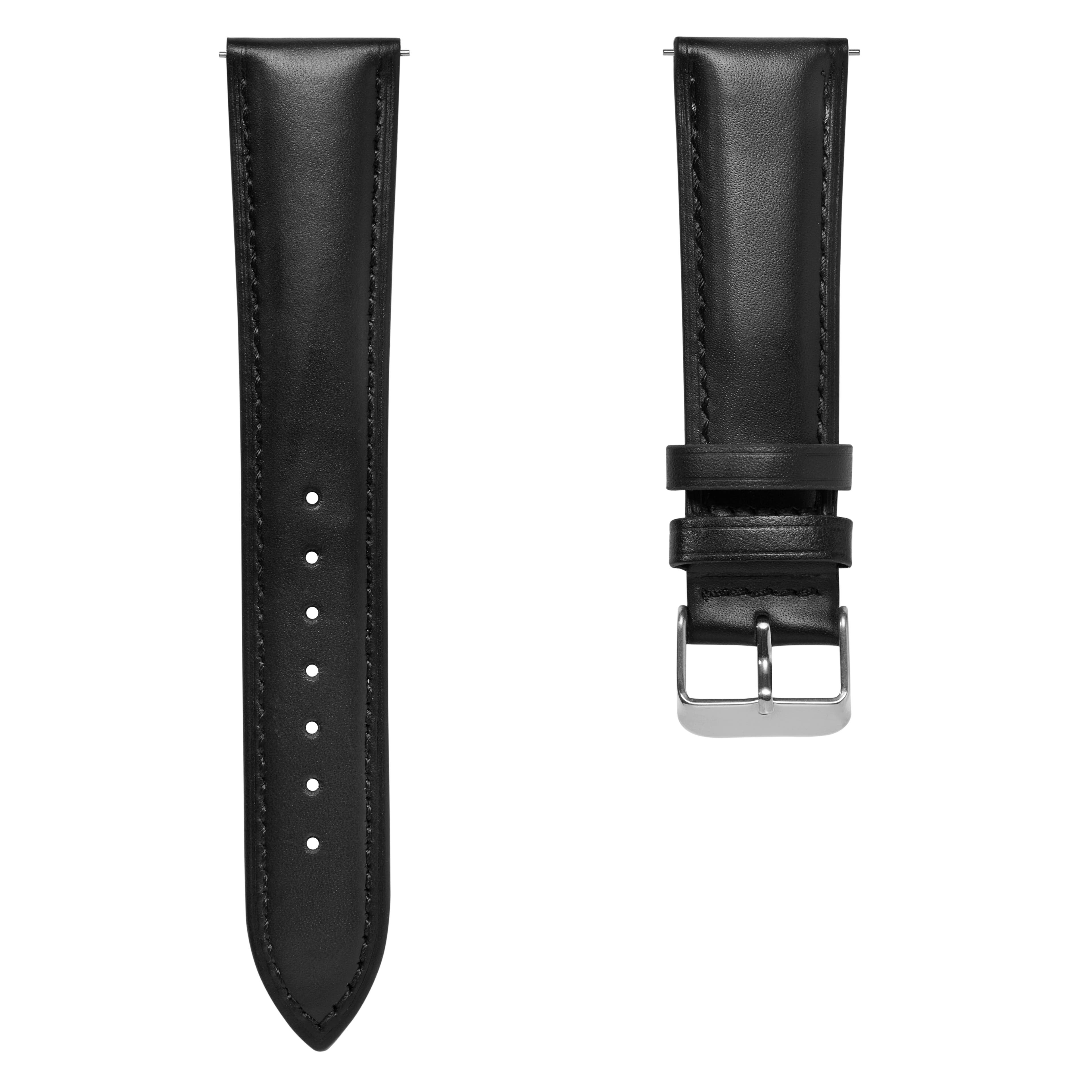 21mm Black Leather Watch Strap with Silver-Tone Buckle – Quick Release