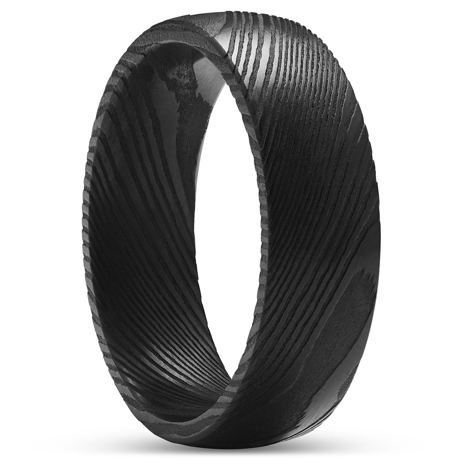 Fortis | 7 mm Anillo media caña de acero de Damasco negro Fortis | 7 mm Anillo media caña de acero de Damasco negro