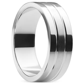 Ferrum | 8 mm Flat Silver-tone Polished & Brushed Stainless Steel Double-grooved Ring