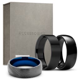Set de cadou premium cu inele pentru bărbați | oțel de Damasc negru și ceramică