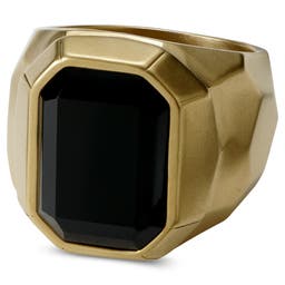 Χρυσαφί Ατσάλινο Δαχτυλίδι Σφραγίδα με Μαύρη Πέτρα Jax Signet