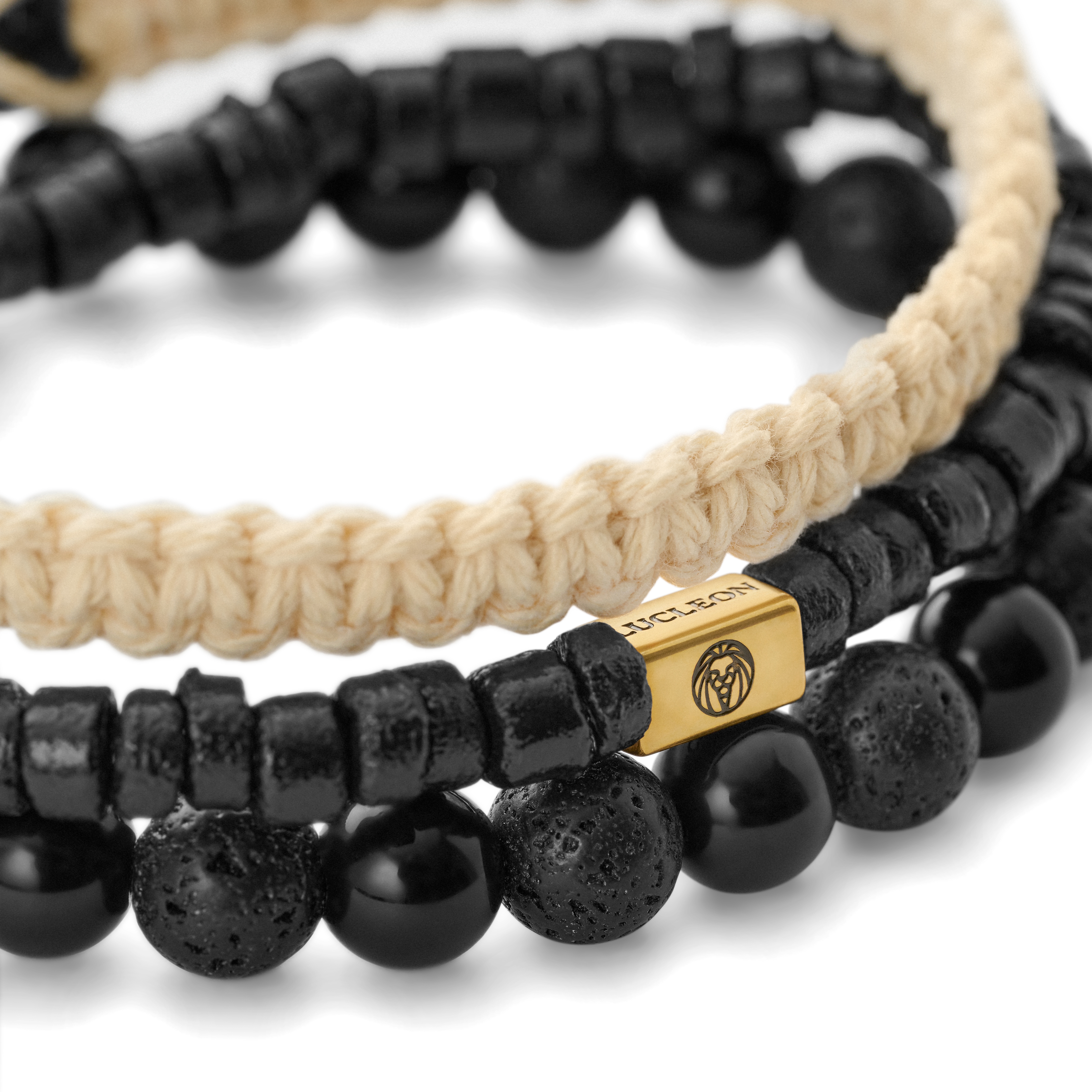 Schwarz & Beige Lava Rock, Onyx, Kokosnuss- und Armband-Set aus goldfarbenem Stahl - 2