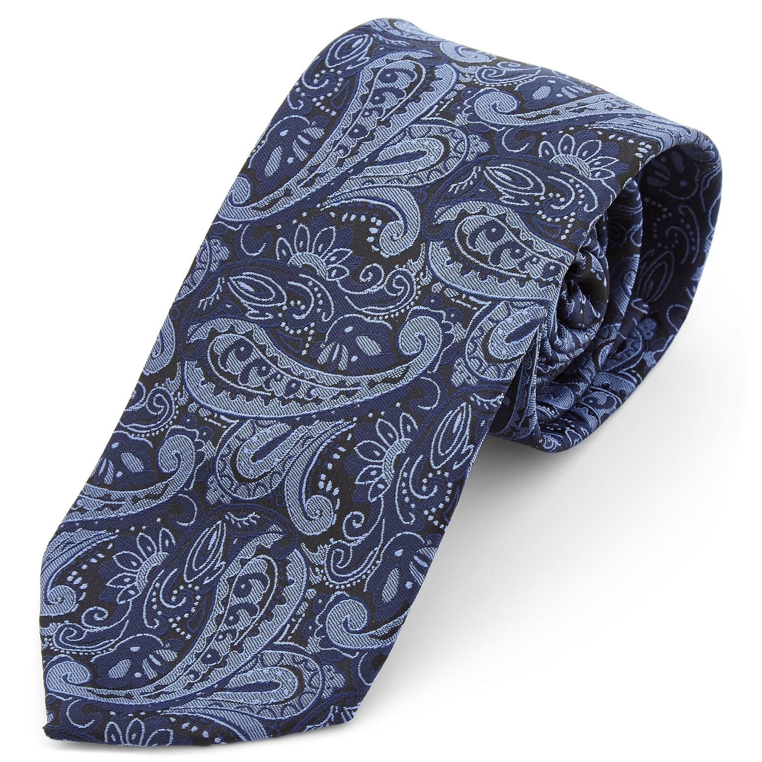 Cravată lată din poliester cu model Paisley bleumarin și allbastru Cravată lată din poliester cu model Paisley bleumarin și allbastru