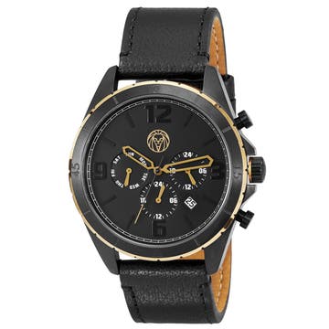 Alton | Black & Gold-Tone Chronograph Watch With Black Dial With Black Leather Strap