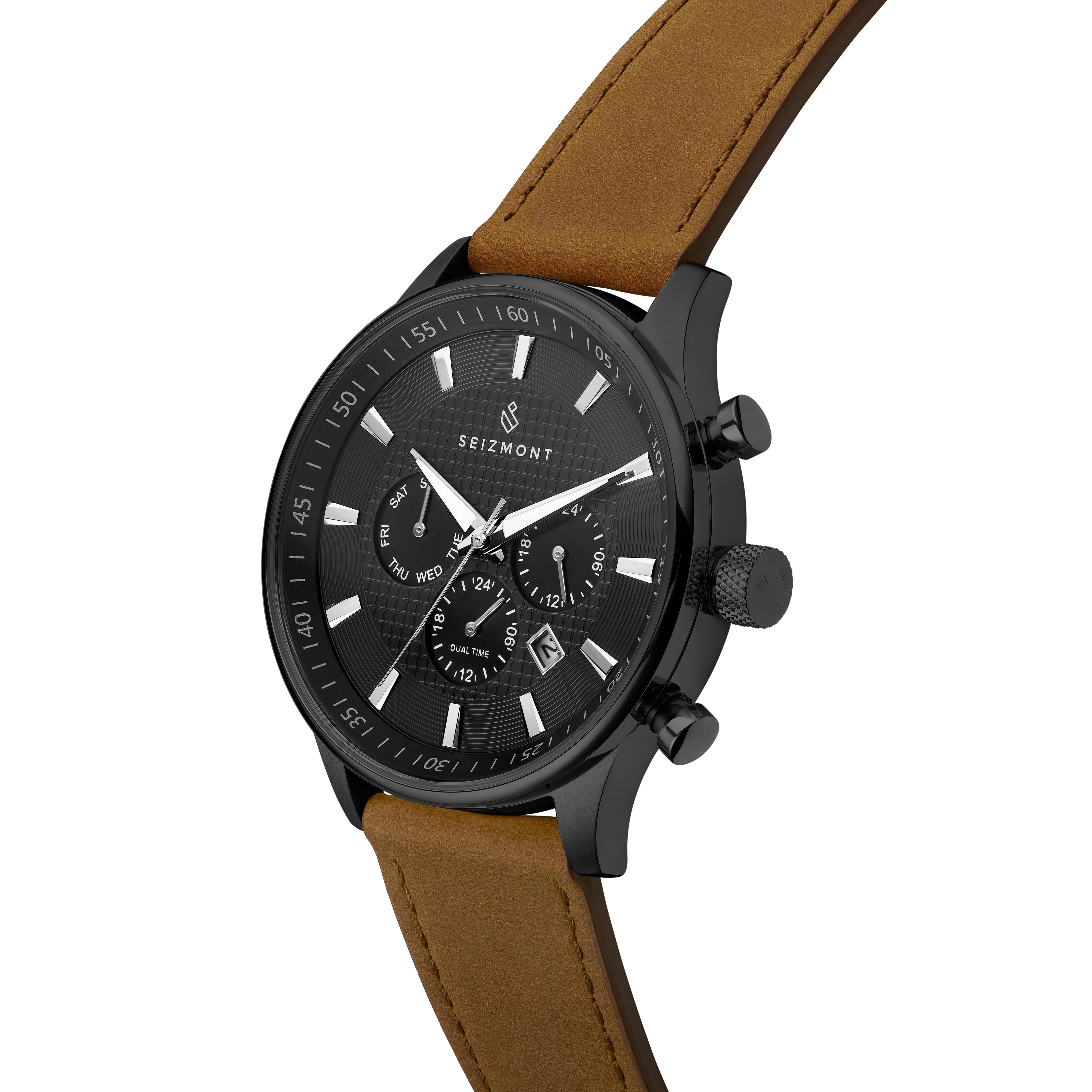 Troika II | Black Dual-Time Watch With Black Dial, Silver-Tone Markers & Brown Leather Strap - 2