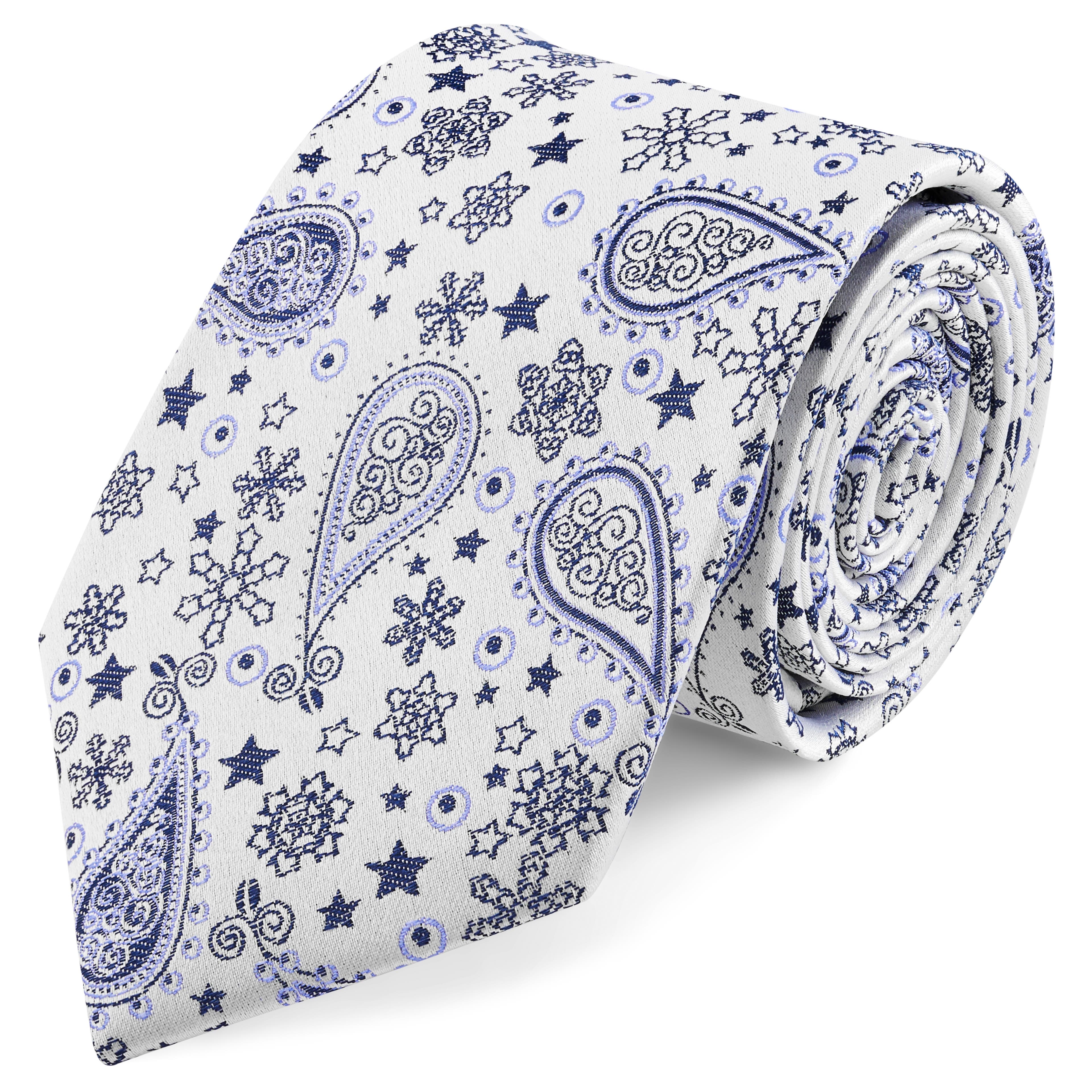White & Blue Paisley Pattern Silk Necktie | 8 cm White & Blue Paisley Pattern Silk Necktie | 8 cm