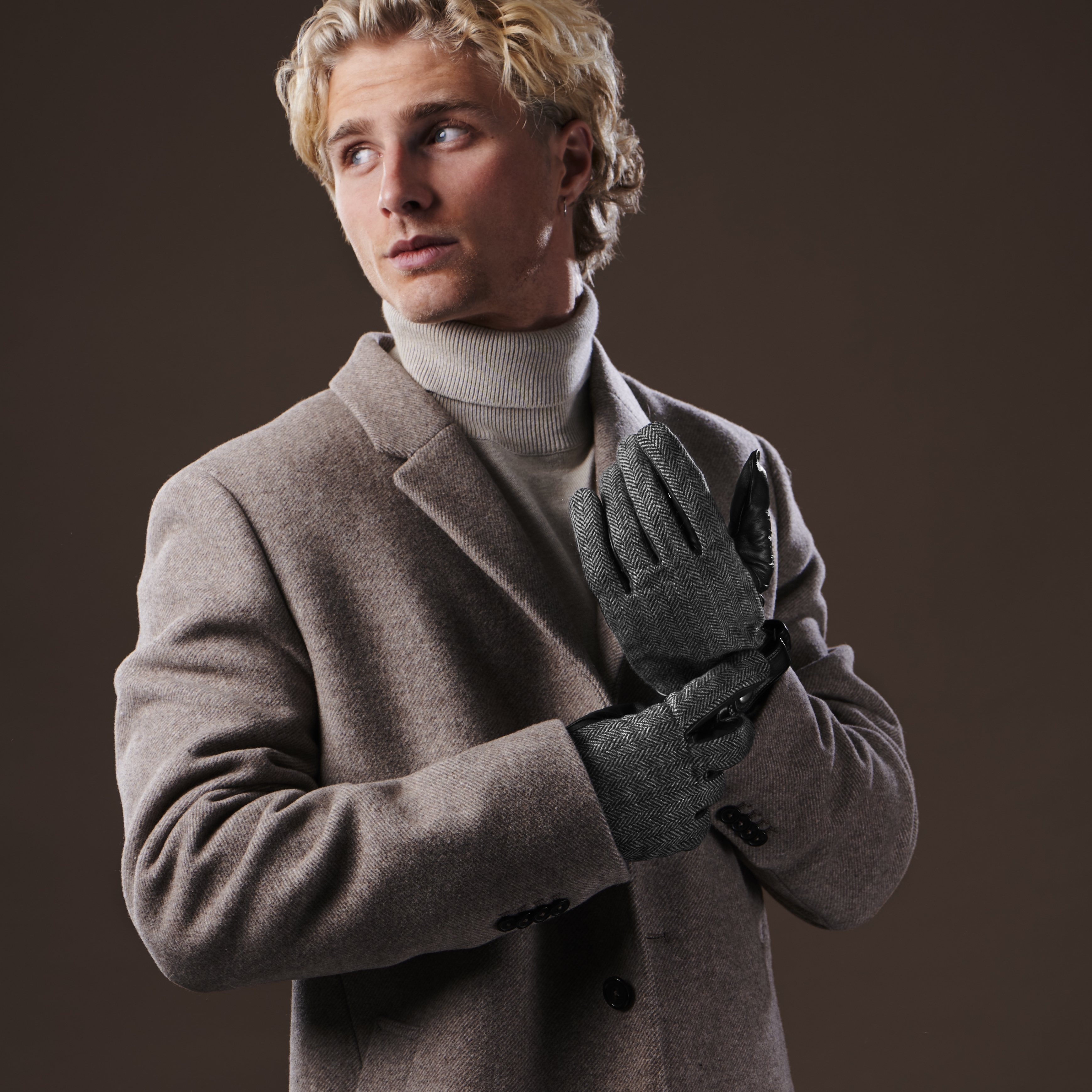 Black & Gray Herringbone Pattern Sheep Leather Gloves - 4