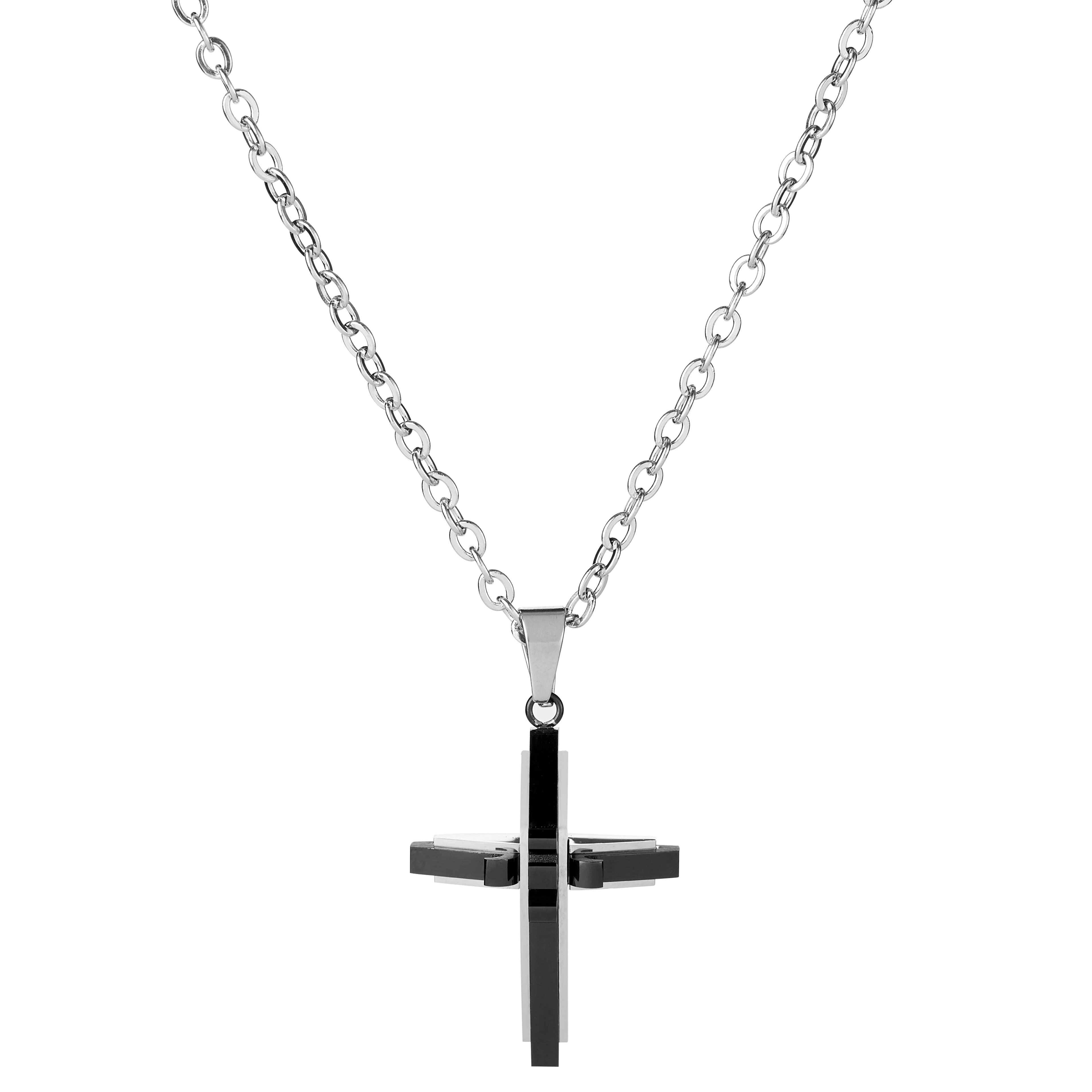 Silver-Tone & Black Stainless Steel Modern Cross Cable Chain Necklace