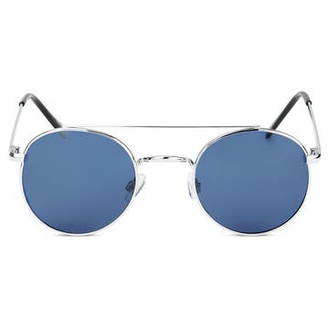 Ambit Silver-Tone & Blue Round Aviator Sunglasses 