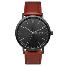 Moment | Black Minimalist Dress Watch With Black Dial & Terracotta Leather Strap