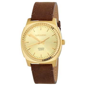 Major | Gold-Tone Minimalist Watch With Gold-Tone Dial & Brown Leather Strap
