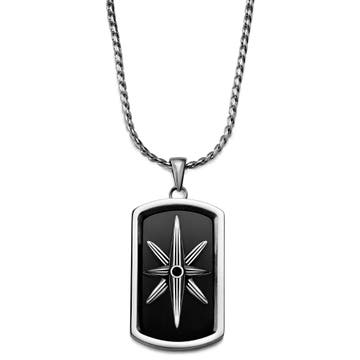 Icarus | Silver-Tone Stainless Steel, Black Onyx & Zirconia Star Dog Tag Box Chain Necklace