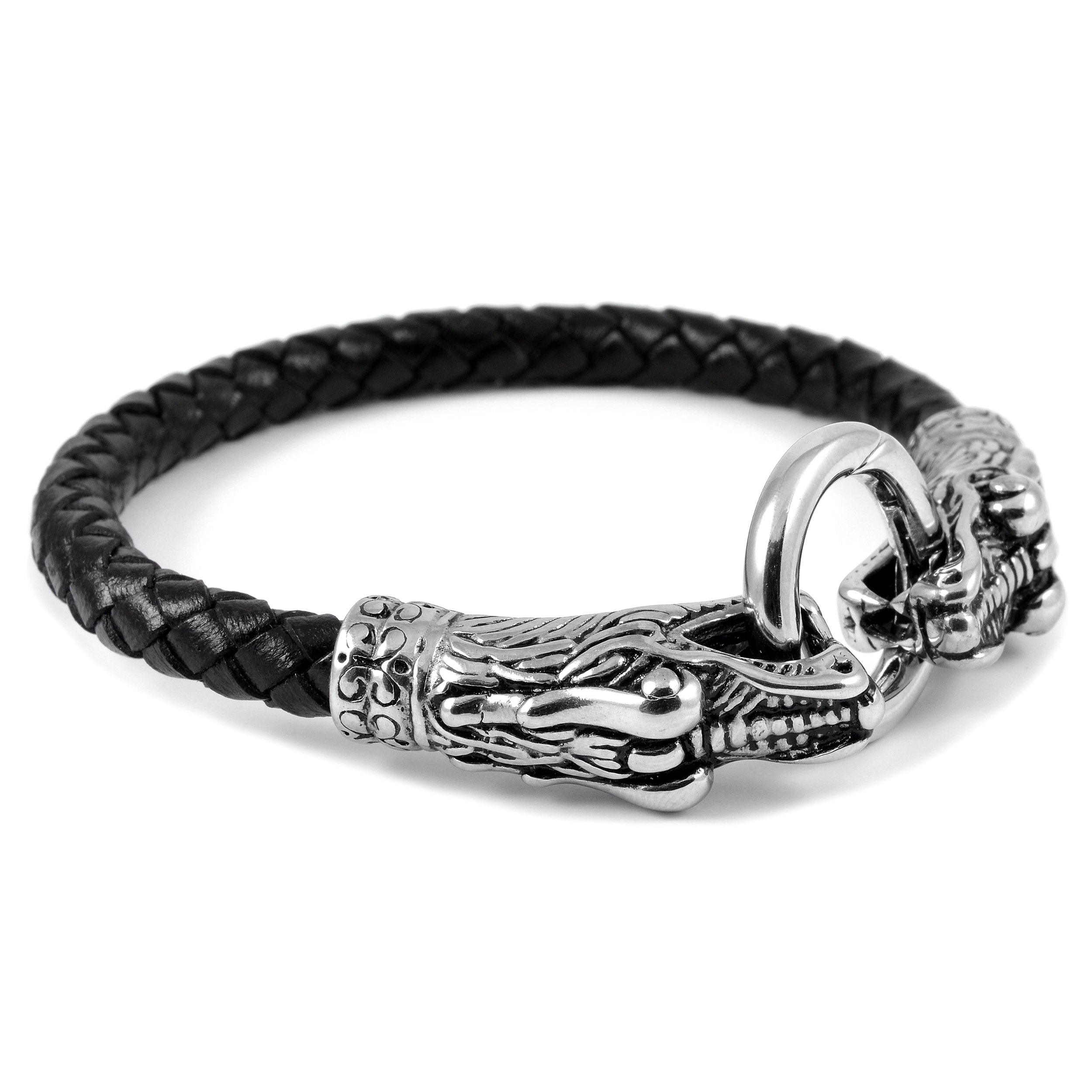 Black Braided Leather Rope & Steel Snake Head Bracelet - 4