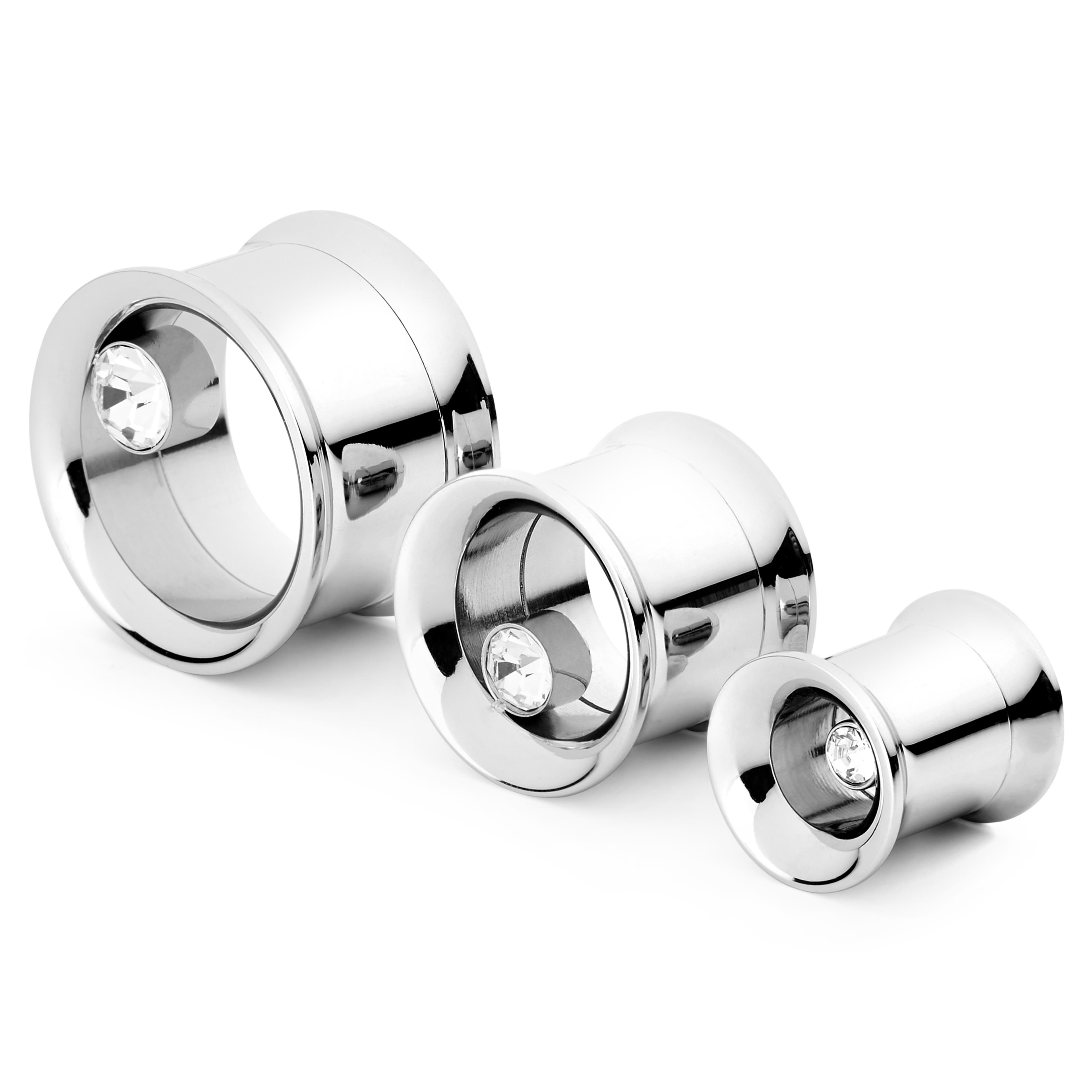 Silver-Tone Stainless Steel & Zirconia Screw-Fit Tunnel Earring