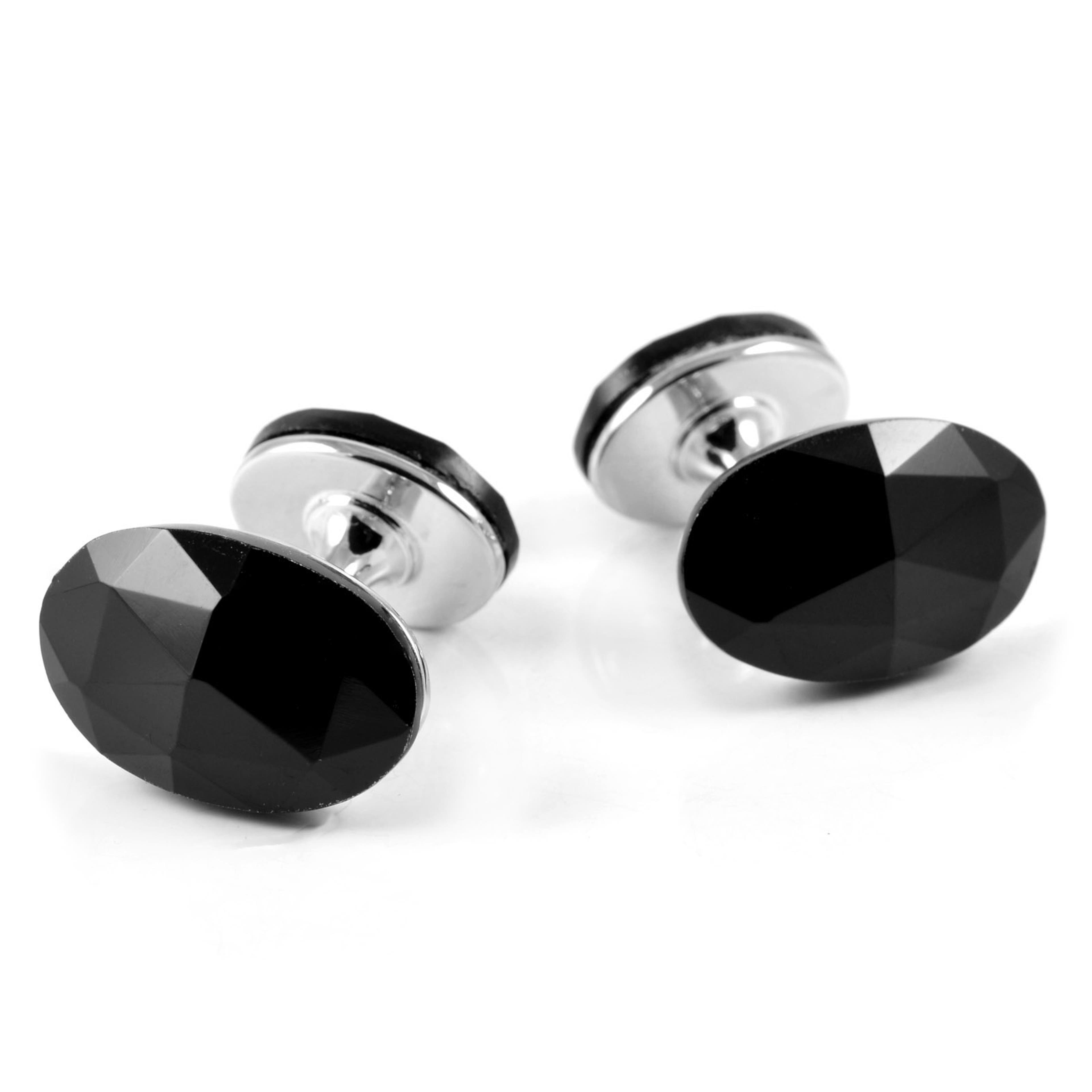 Oval Silver-Tone & Black Faceted Cufflinks
