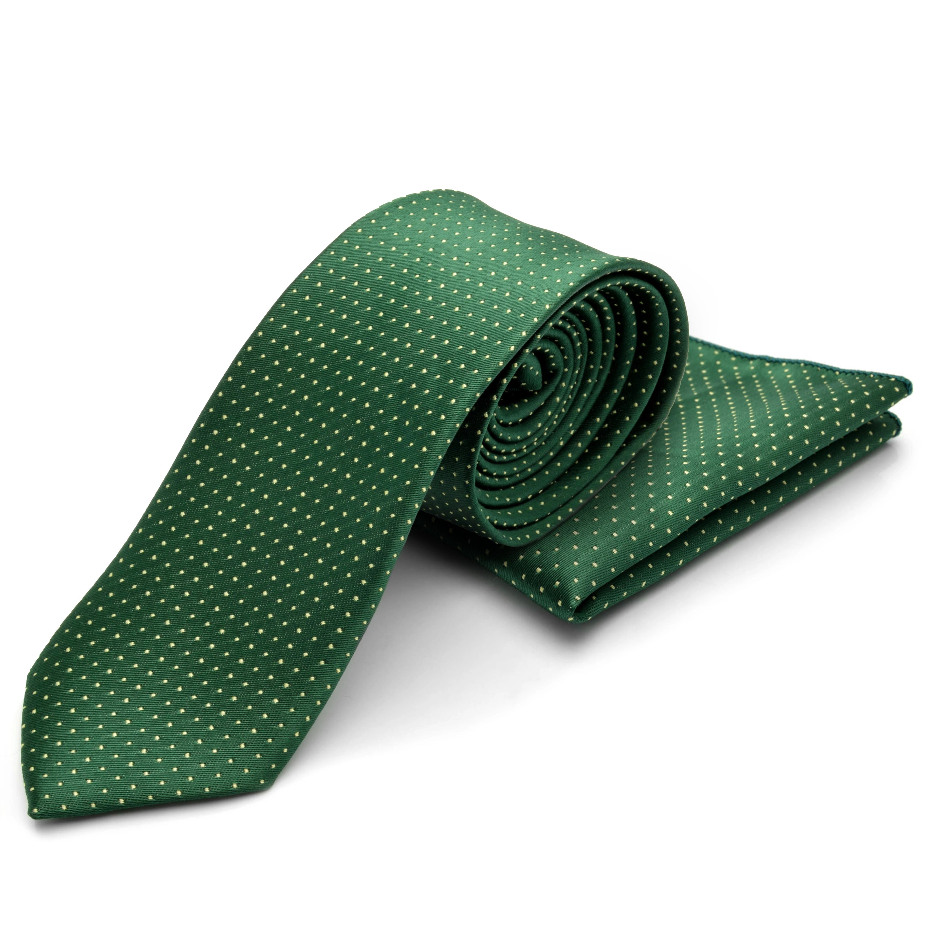 Зелен комплект вратовръзка и кърпичка за сако на точки