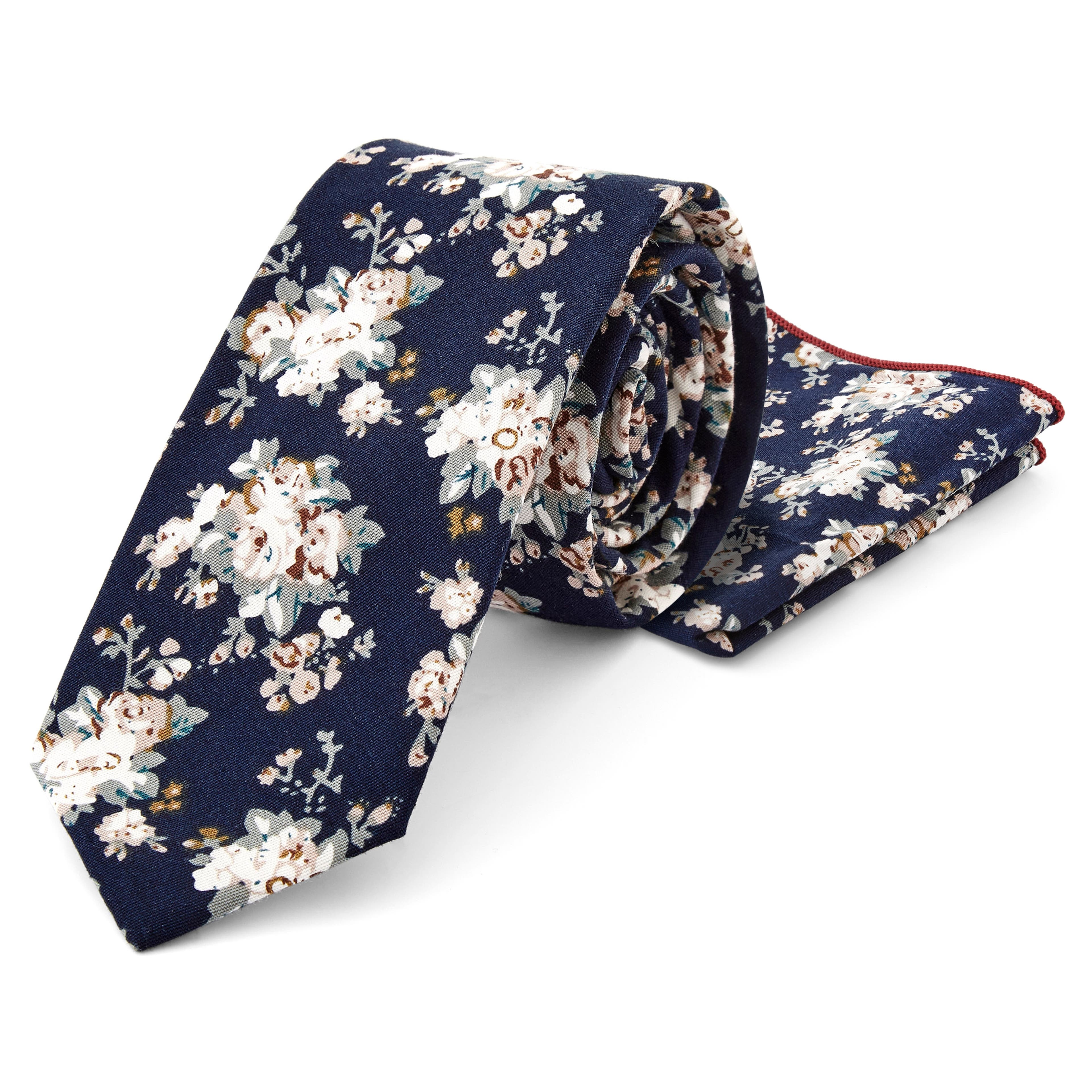 Комплект памучна вратовръзка и джобна кърпичка с флорални мотиви в тъмносиньо и бяло