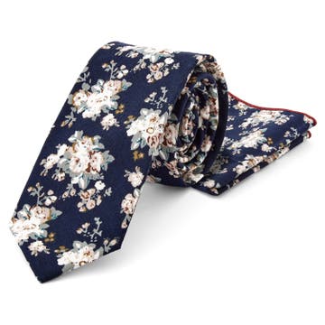 Navy Blue & White Floral Pattern Cotton Necktie & Pocket Square Set Navy Blue & White Floral Pattern Cotton Necktie & Pocket Square Set