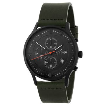 Revil | Black Chronograph Watch With Black Dial & Olive Green Leather Strap