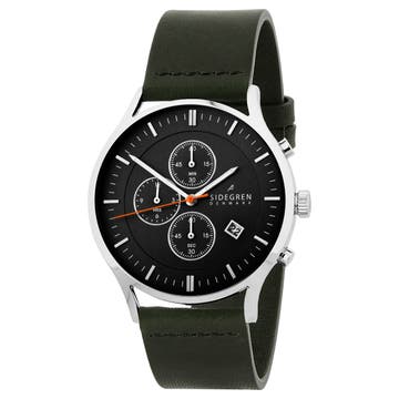 Revil | Silver-Tone Chronograph Watch With Black Dial & Olive Green Leather Strap