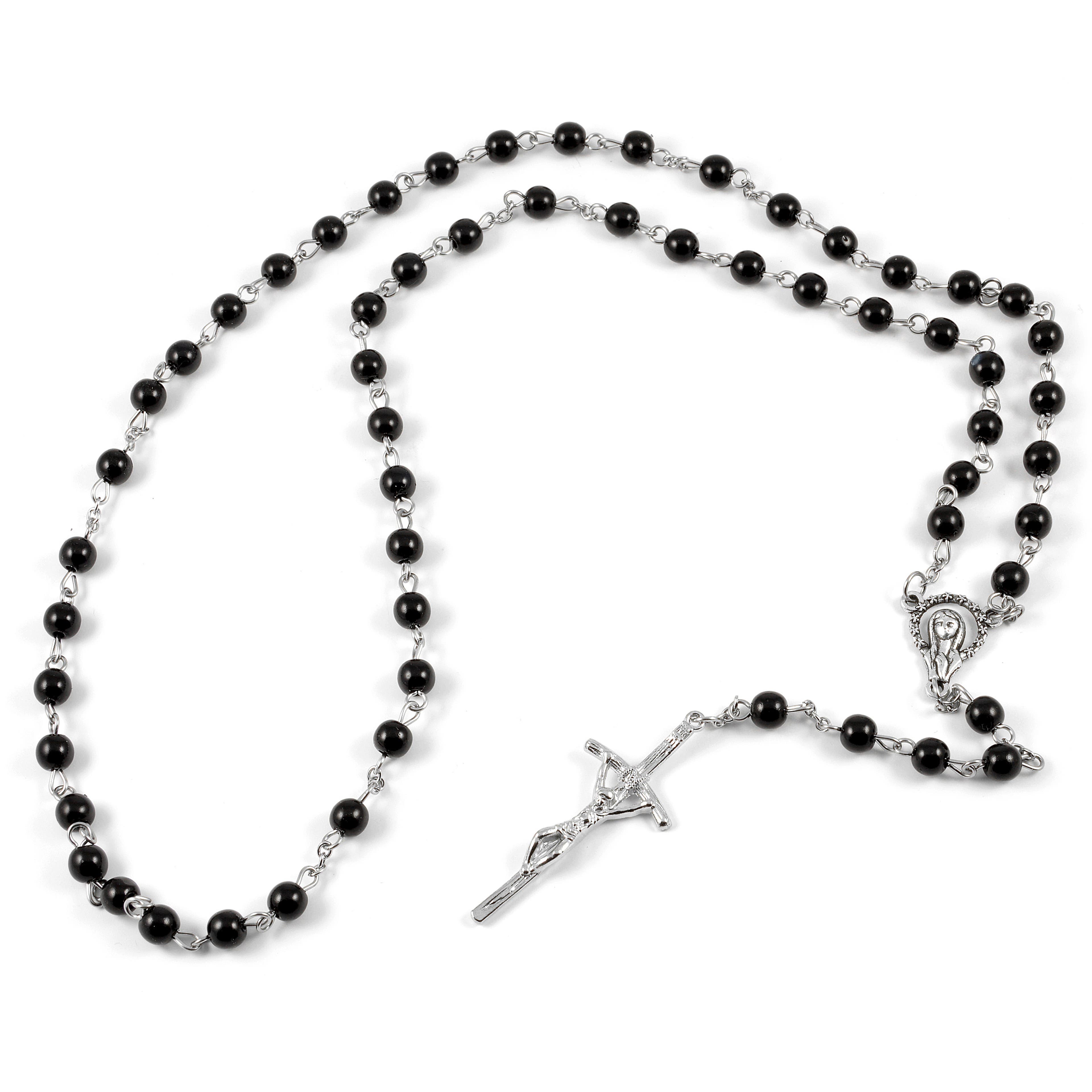 Silver-Tone Steel Jesus On The Cross Rosary Necklace