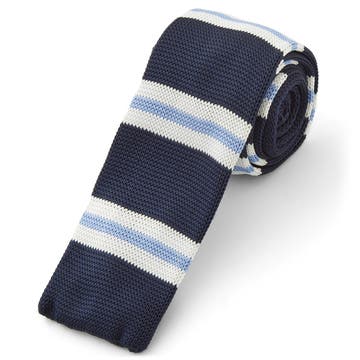 Navy Blue, Red & White Striped Polyester Cable Knitted Tie Navy Blue, Red & White Striped Polyester Cable Knitted Tie