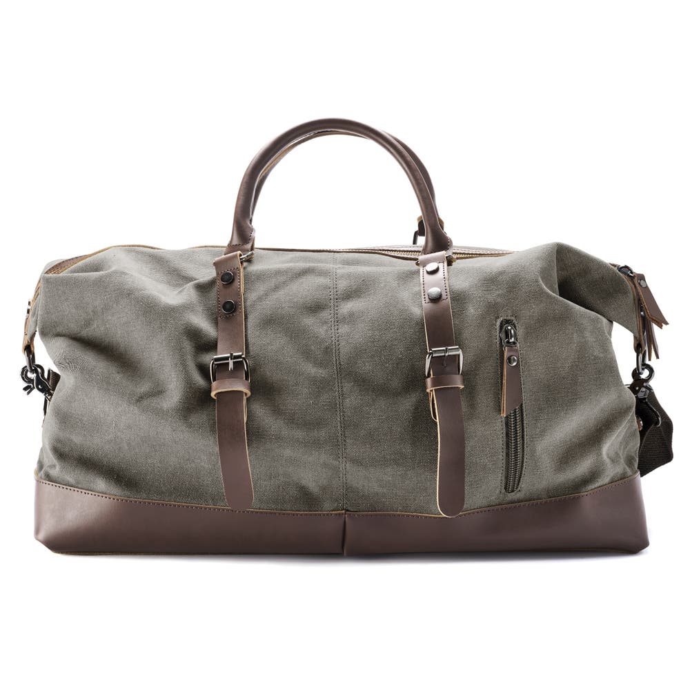 hover: Metallic Grey Canvas & Brown Leather Duffel Bag hover: Metallic Grey Canvas & Brown Leather Duffel Bag