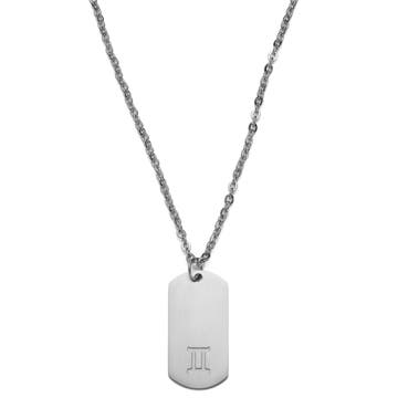 Zodiac | Silver-Tone Stainless Steel Gemini Star Sign Dog Tag Cable Chain Necklace