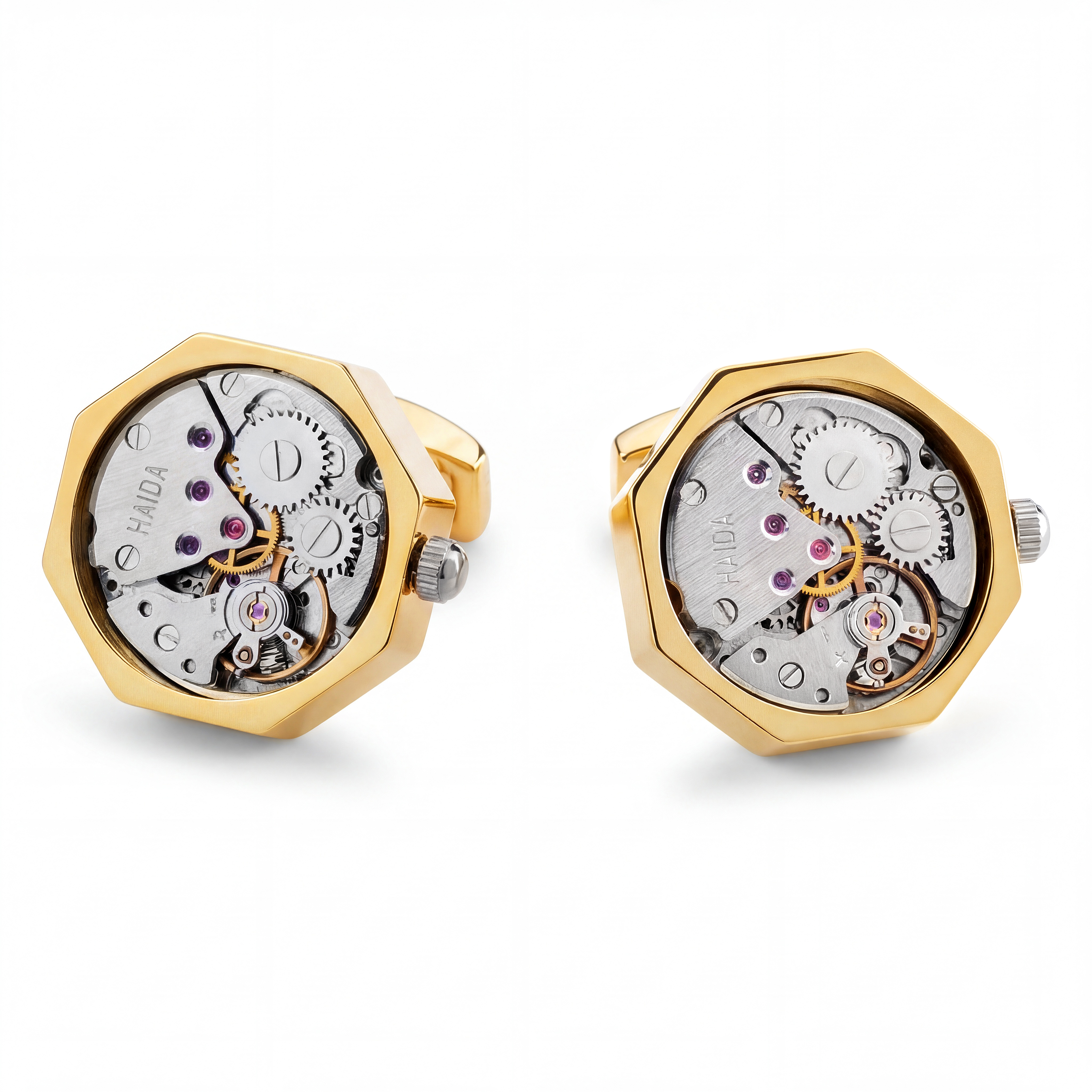 Manchetknopen met mechanisch binnenwerk – Goudkleurig met zilverkleurig middenstuk - 1