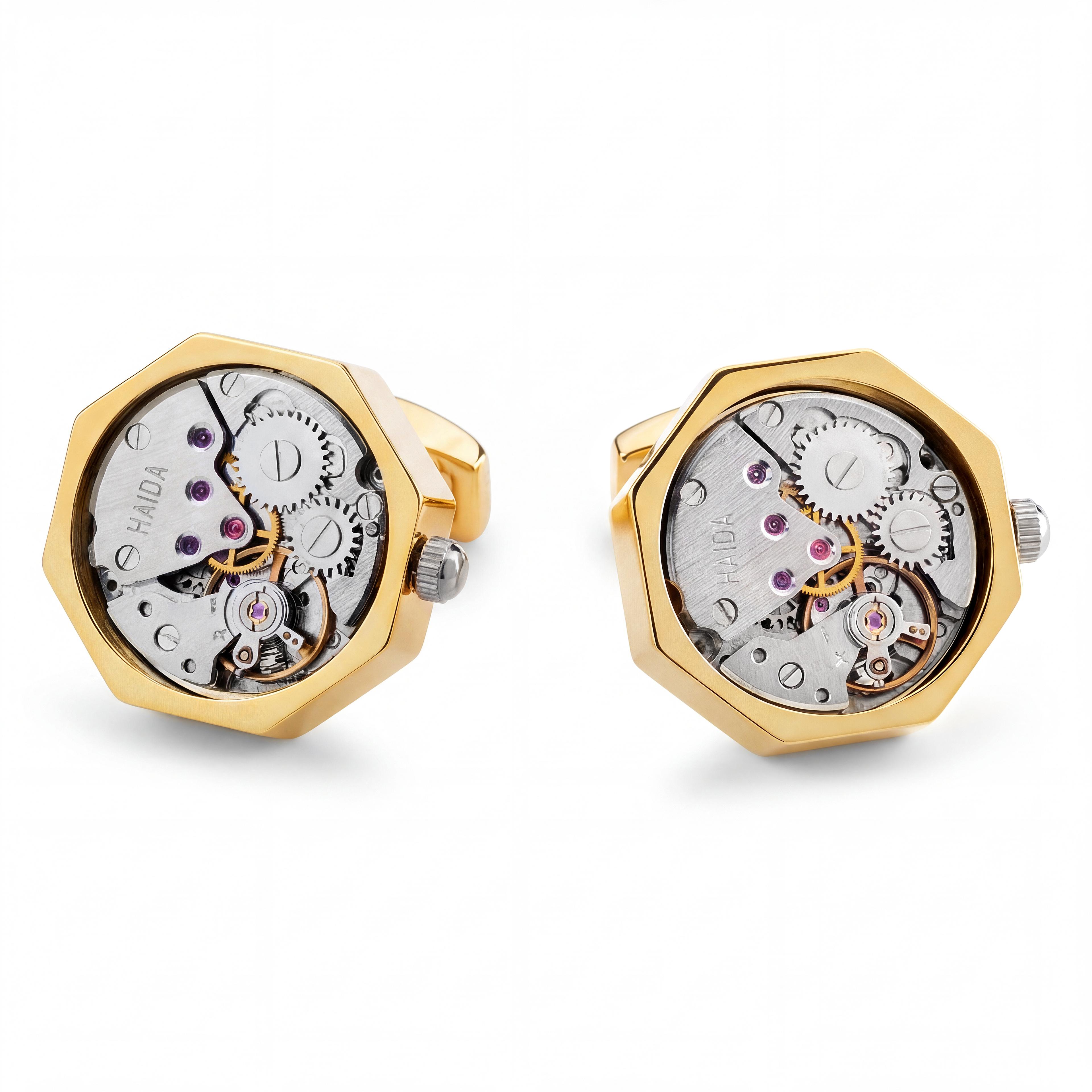 Manchetknopen met mechanisch binnenwerk – Goudkleurig met zilverkleurig middenstuk - 1