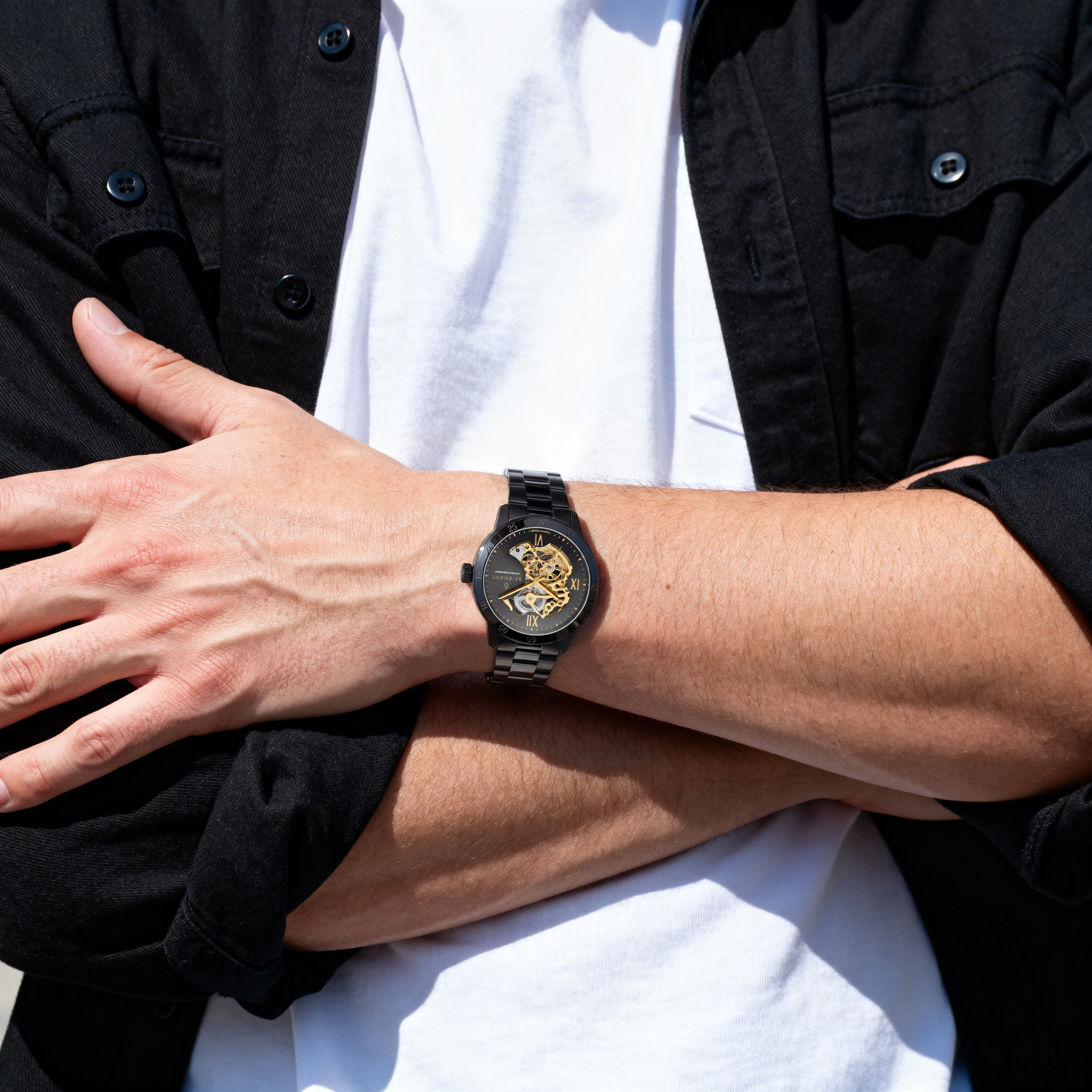 Dante II | Black Stainless Steel Skeleton Watch With Black Dial & Gold-Tone Movement - 5