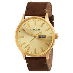 Grover | Gold-Tone Day-Date Watch With Gold-Tone Dial & Brown Leather Strap