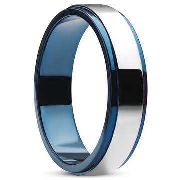 Ferrum | Anello con gradino in acciaio inossidabile lucido color argento e blu da 6 mm