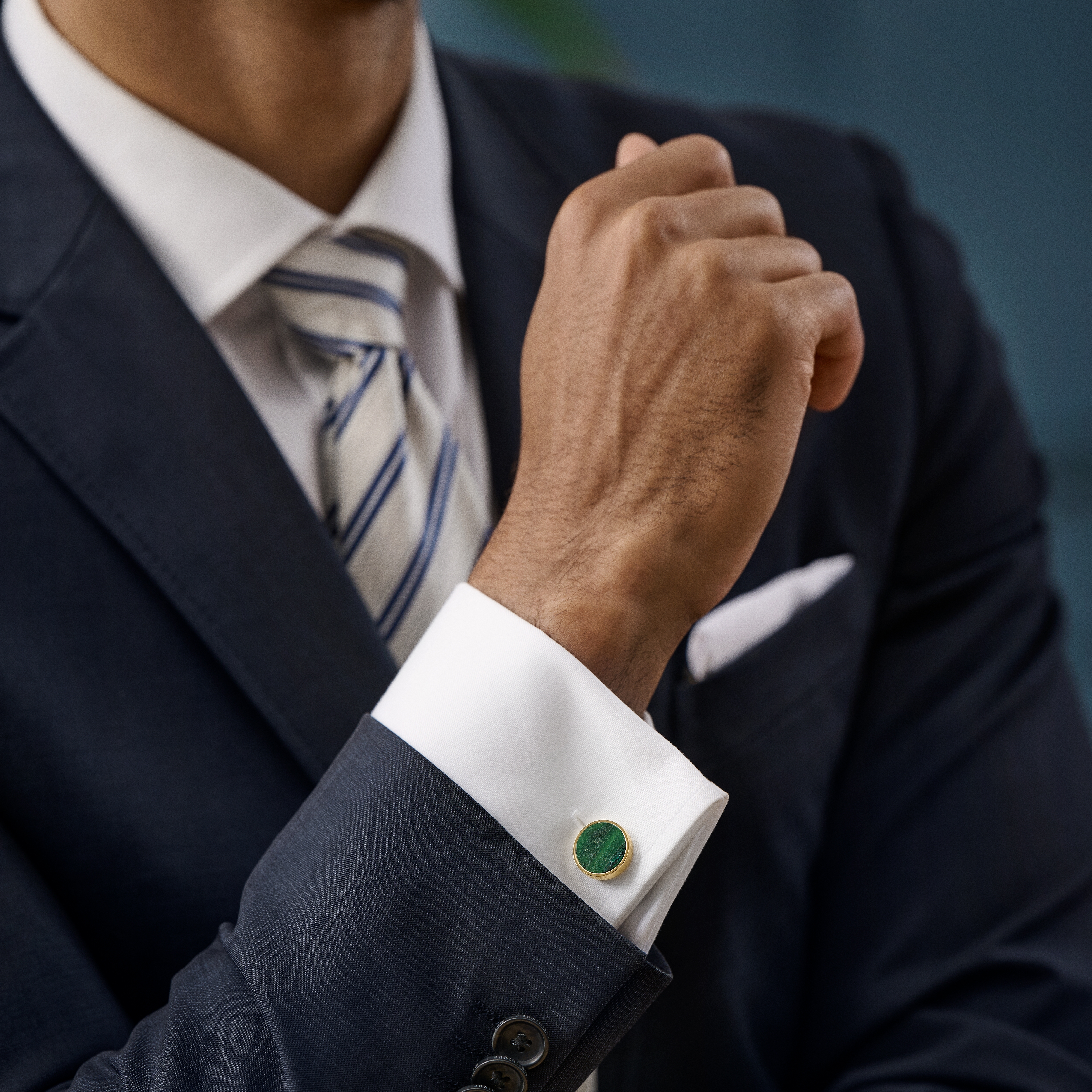 Round Gold-Tone Cufflinks with African Jade Inlay - 3