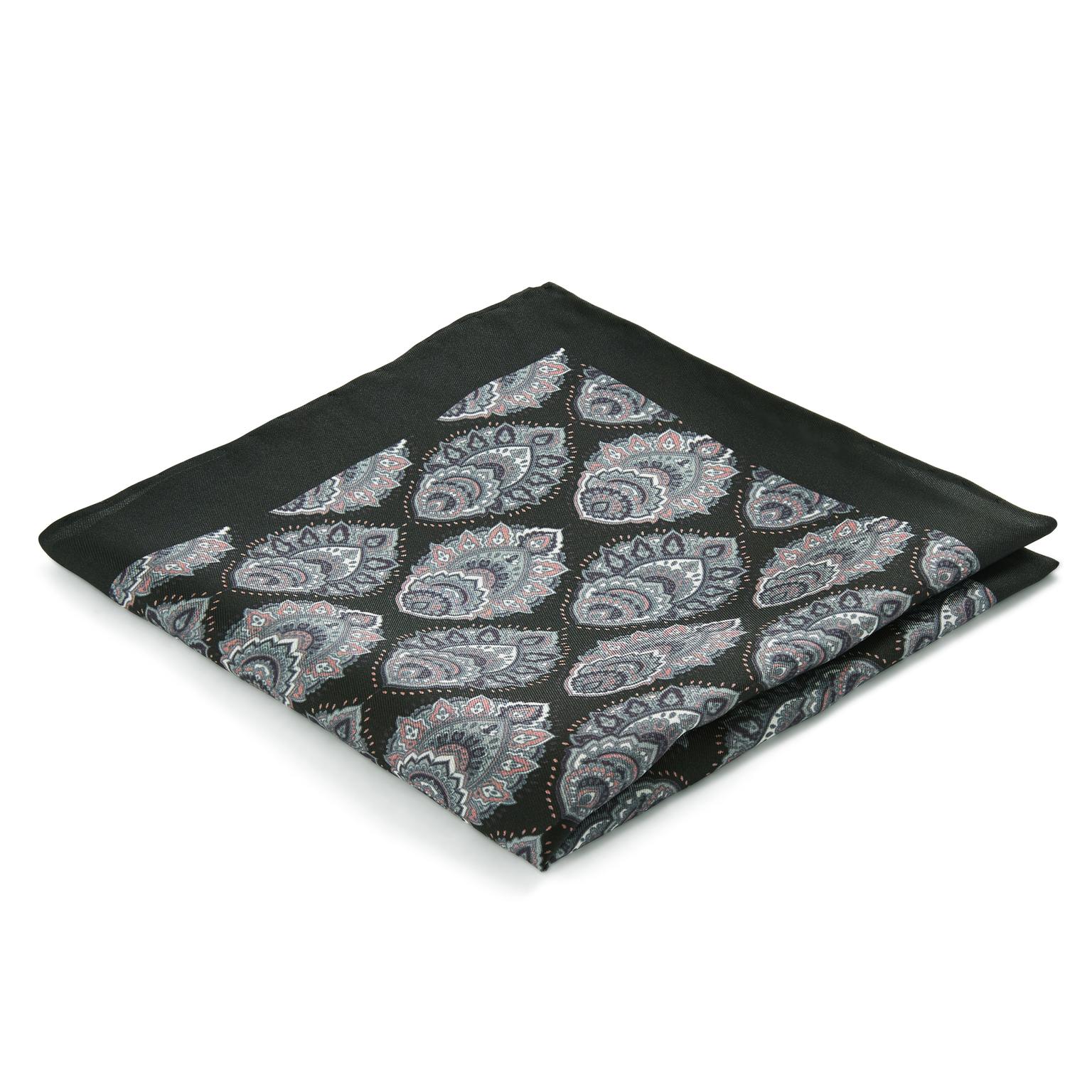 Boho | Black & Grey Ornate Pattern Silk Pocket Square Boho | Black & Grey Ornate Pattern Silk Pocket Square