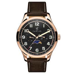 Orrin  | Rose Gold-Tone Moonphase Watch With Black Dial & Dark Brown Leather Strap