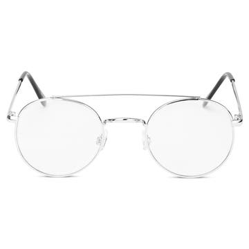 Ambit Silver-Tone Round Aviator Clear Lens Glasses 