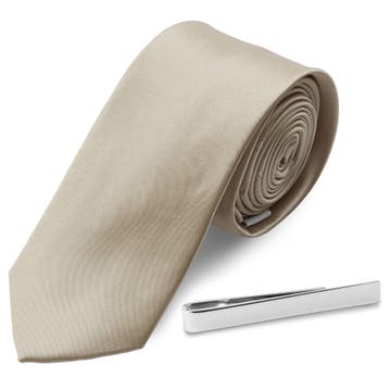 Комплект от вратовръзка в цвят шампанско и сребриста щипка